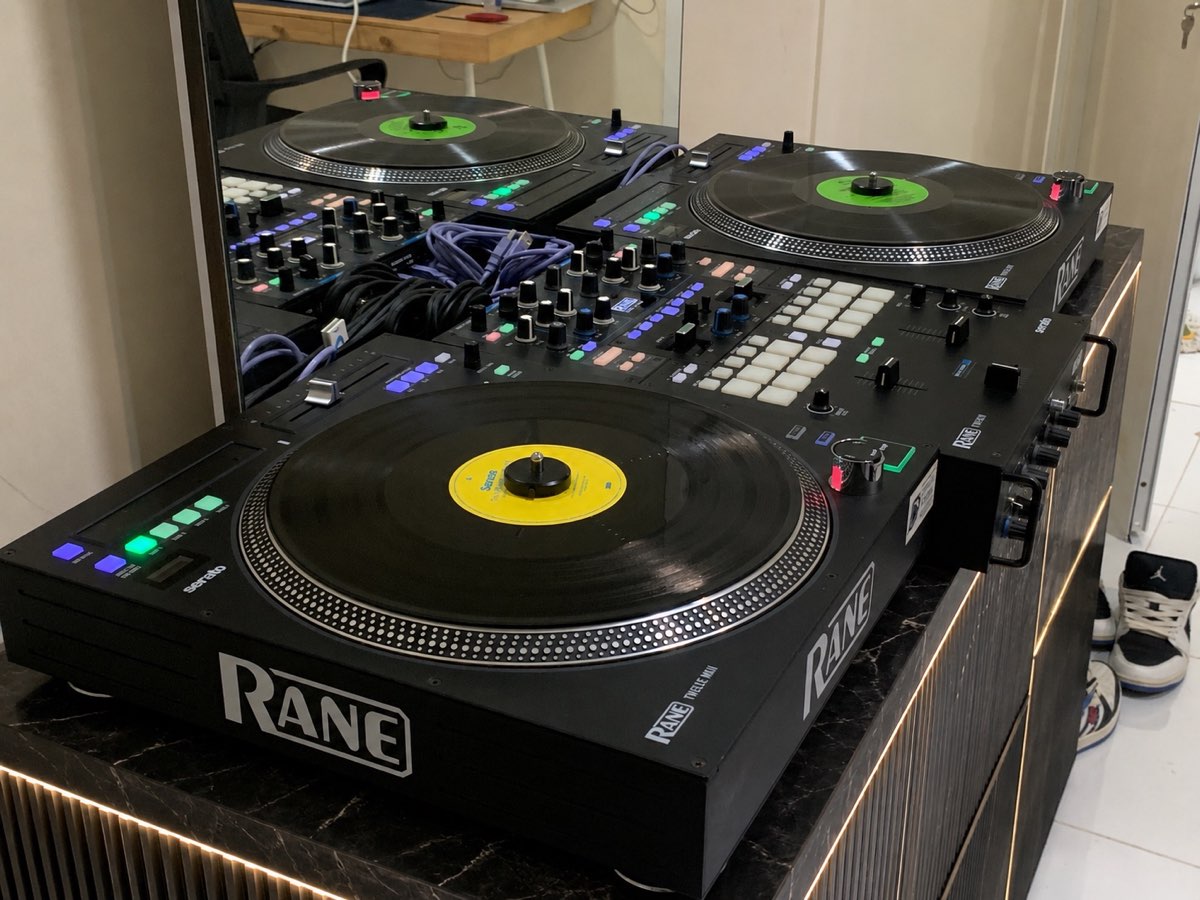 Turntables and mixer close-up
